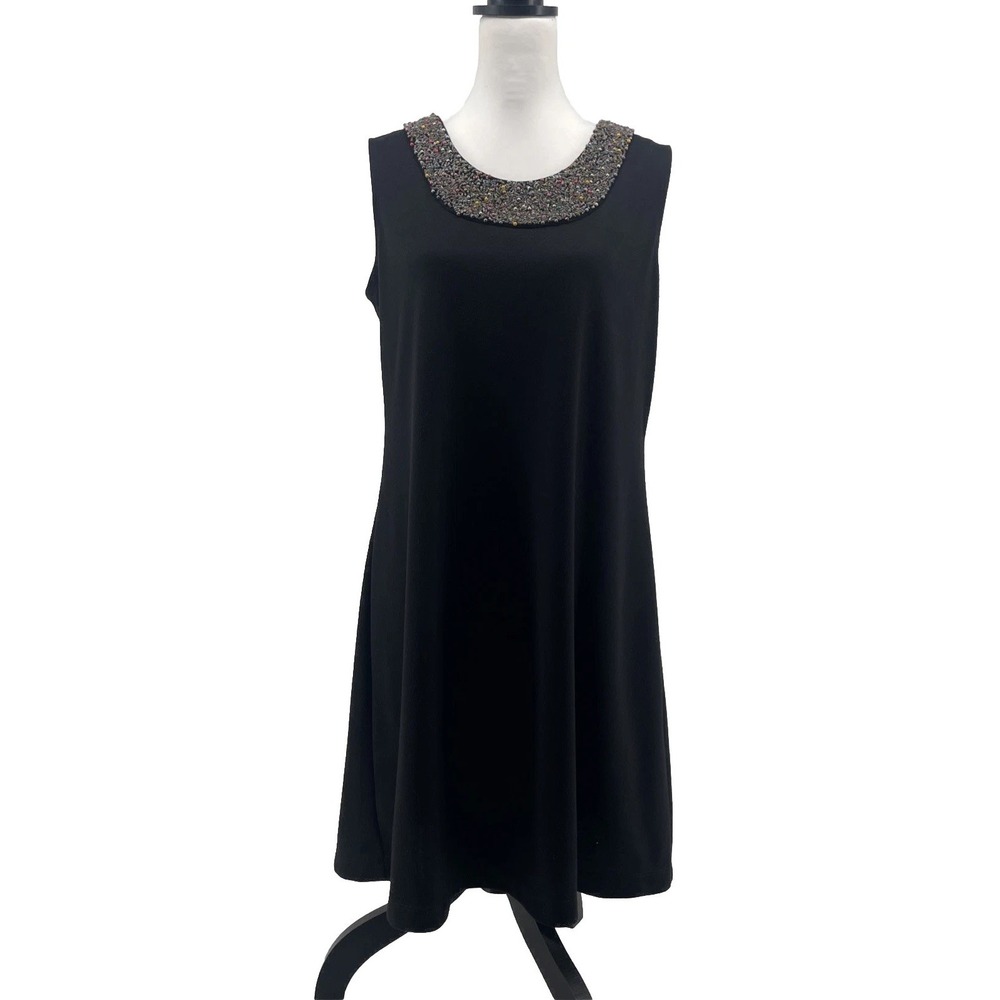 Ronni Nicole Shift Dress Women's 12 Black Beaded Neck Boho Artsy LBD Cocktail